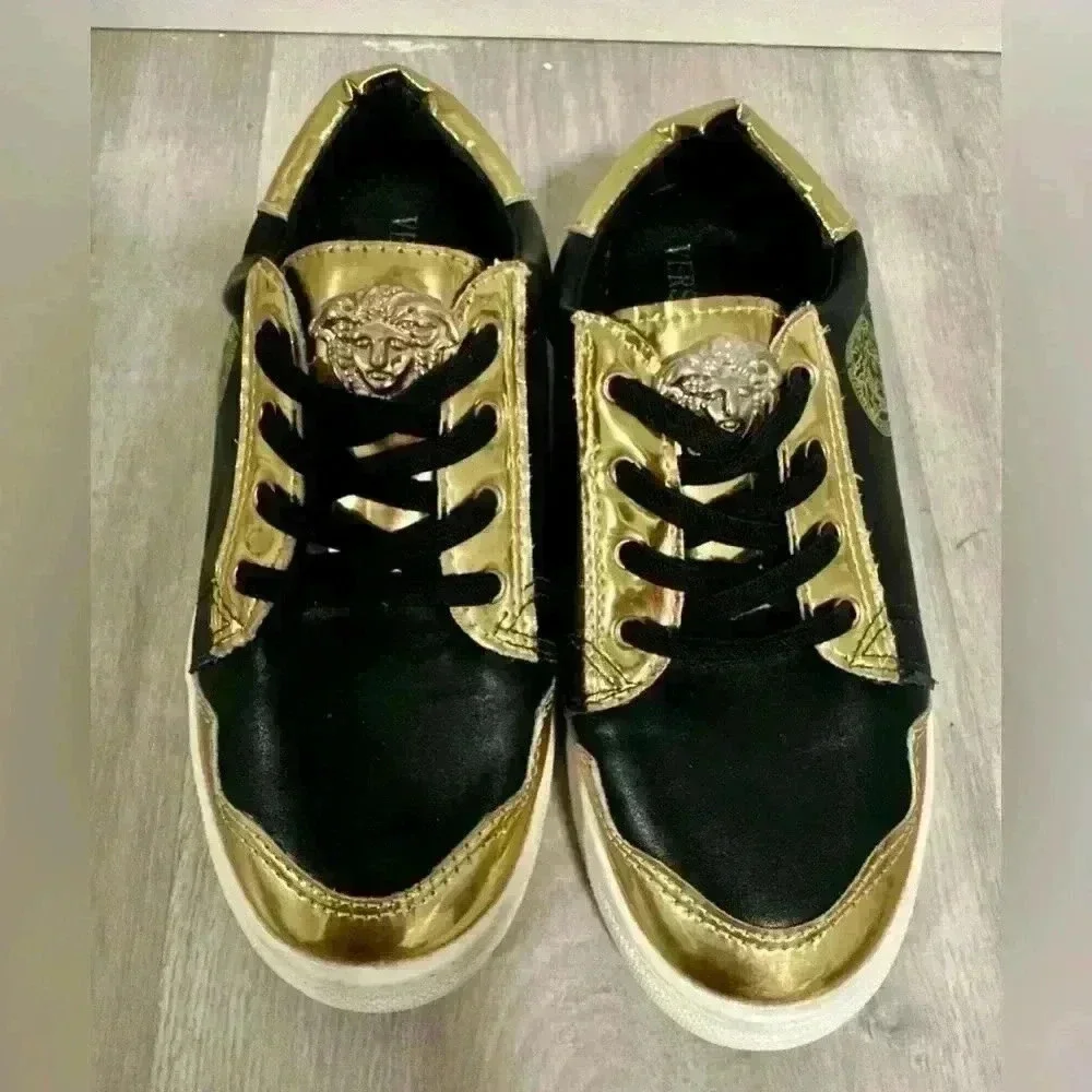 5. Versace sneakers boys shoes Leather Embossing Design Black Gold Metal Low Cut